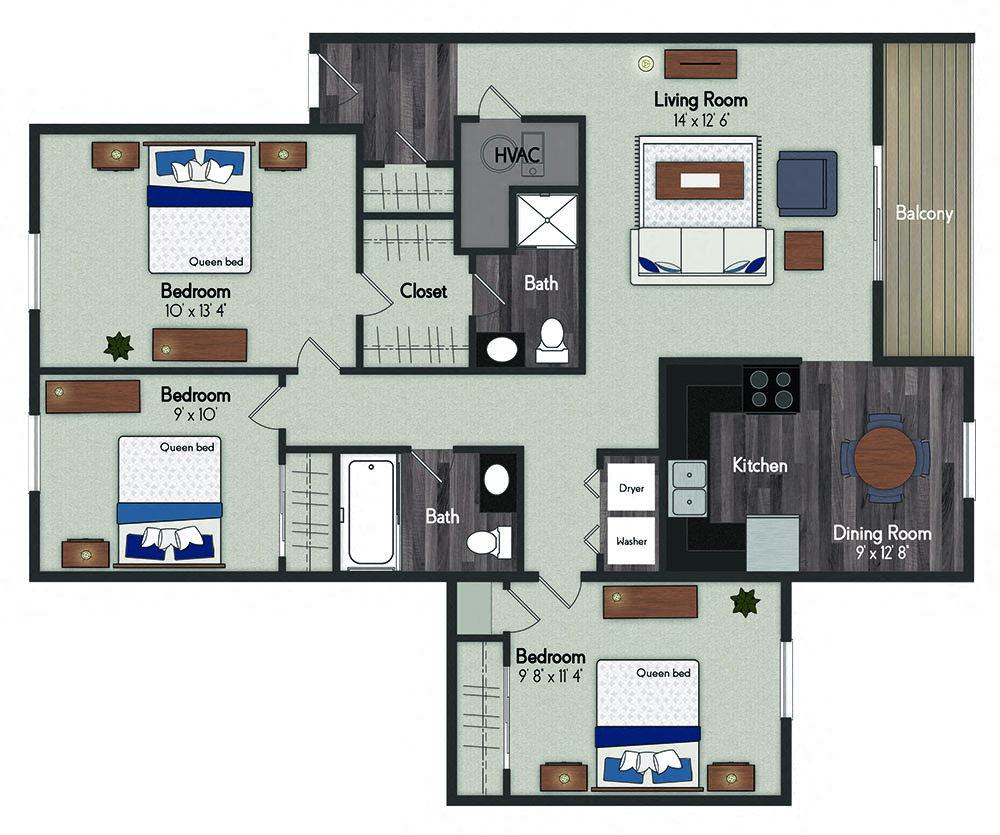 Floor plan for 3 beds, 2 baths, 1020 sqft